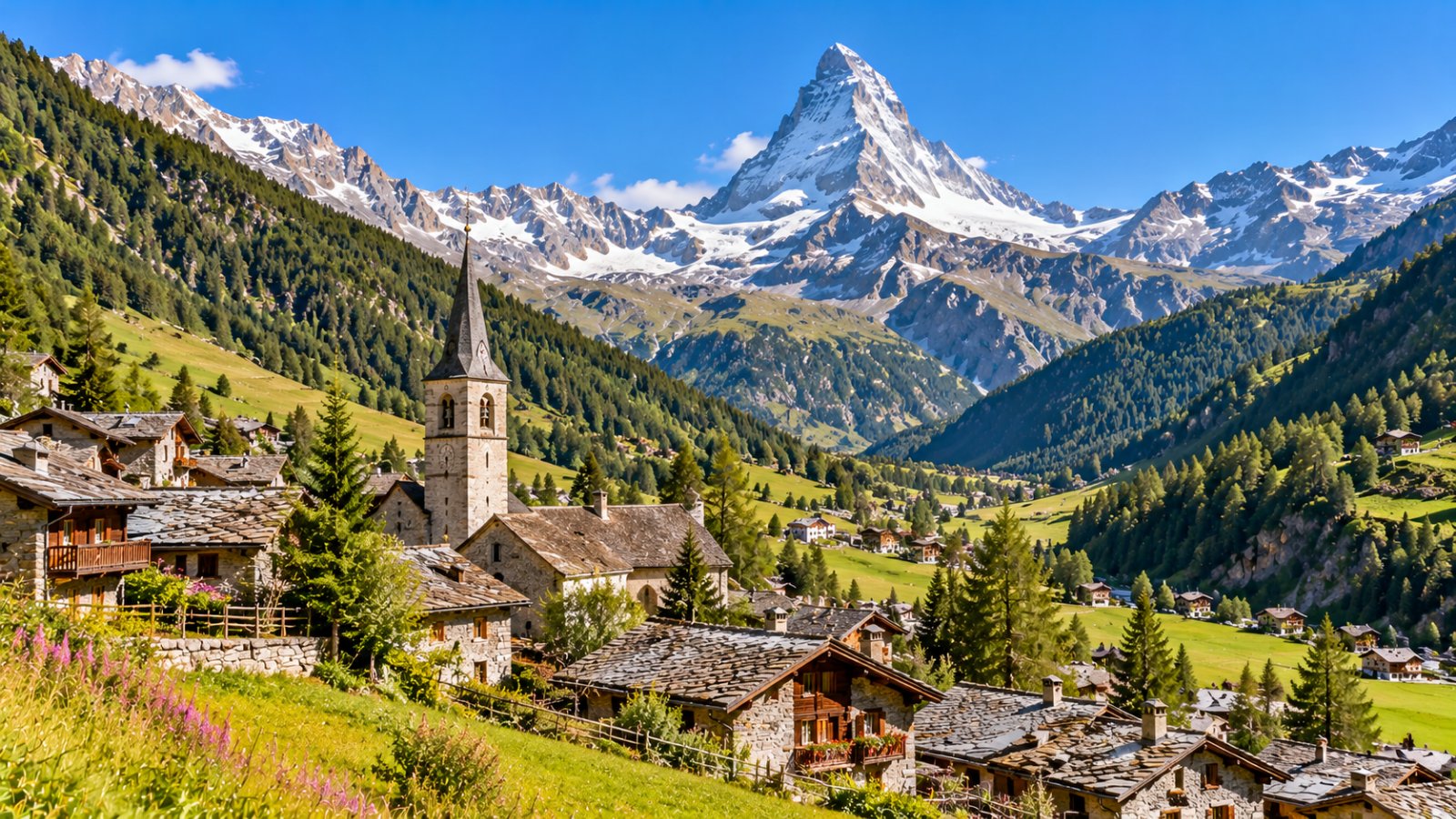 Il villaggio di Valtournenche con la chiesa e le case in pietra, i prati della valle e, in fondo, la piramide del Cervino innevata