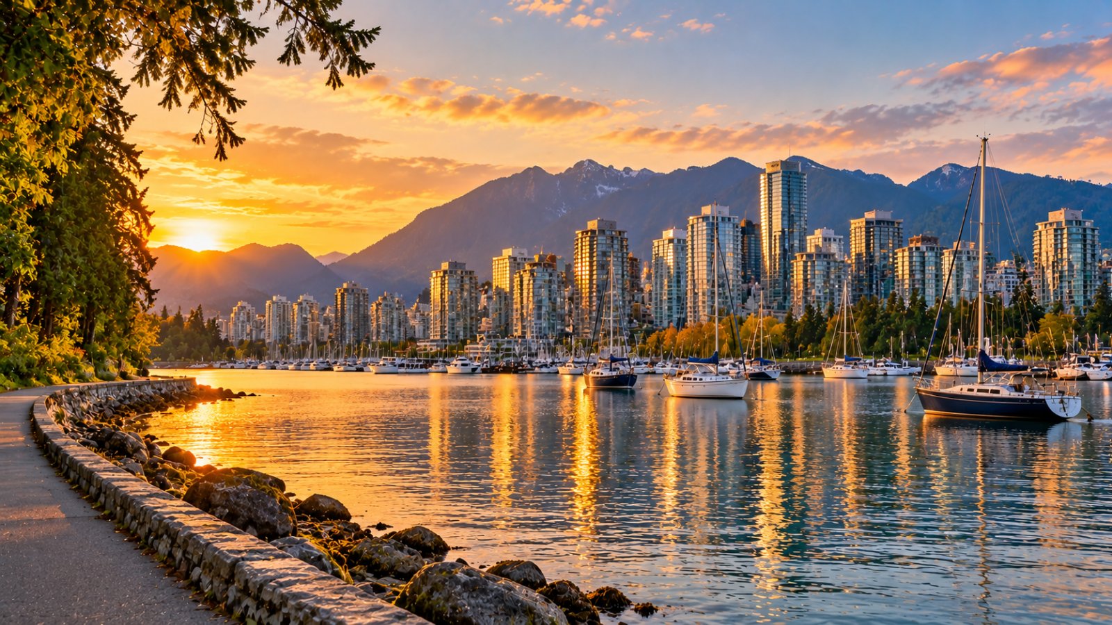 Lo skyline di Vancouver visto dal seawall di Stanley Park al tramonto, con le barche a vela nella baia e le montagne del North Shore sullo sfondo