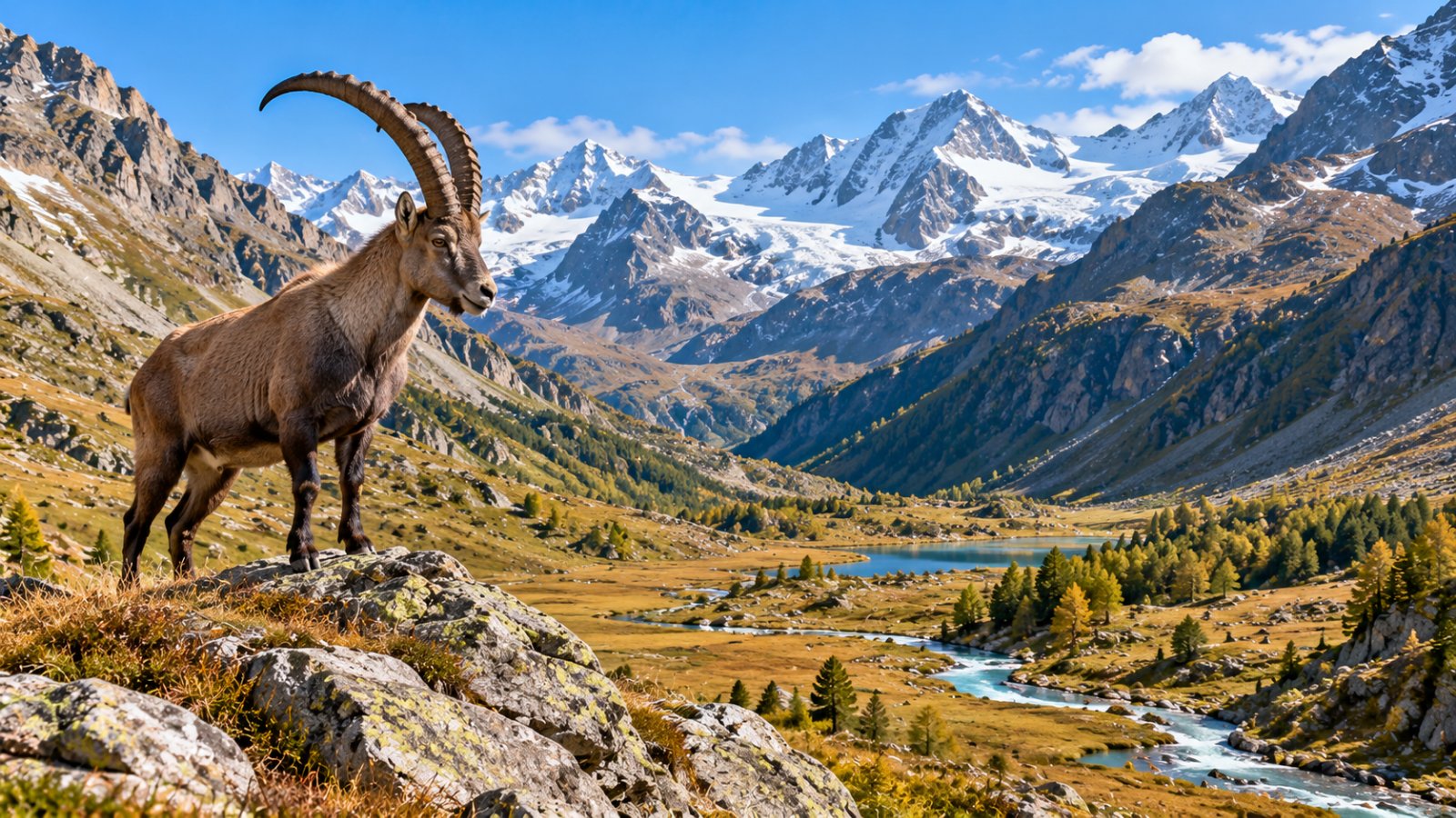 Uno stambecco su una roccia davanti a un'ampia valle alpina con un torrente e cime innevate
