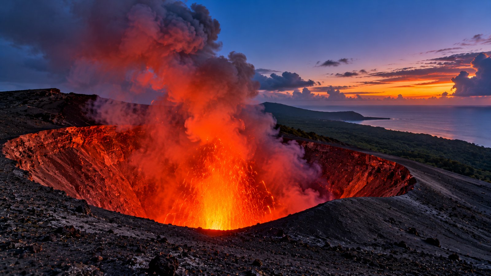 Il cratere del vulcano Yasur sull'isola di Tanna, con la lava incandescente e il fumo al crepuscolo