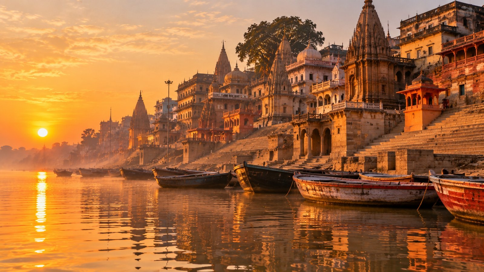 I ghat di Varanasi all'alba visti da una barca sul Gange, con le scalinate, i templi e le barche di legno nella luce dorata