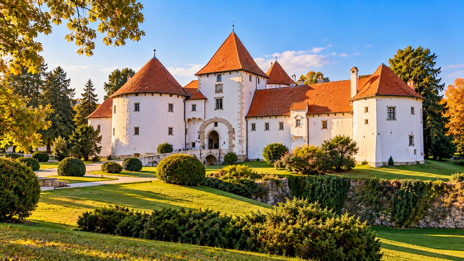 Il castello di Varaždin con la torre bianca e i bastioni circondati da prati verdi e alberi, luce calda del pomeriggio