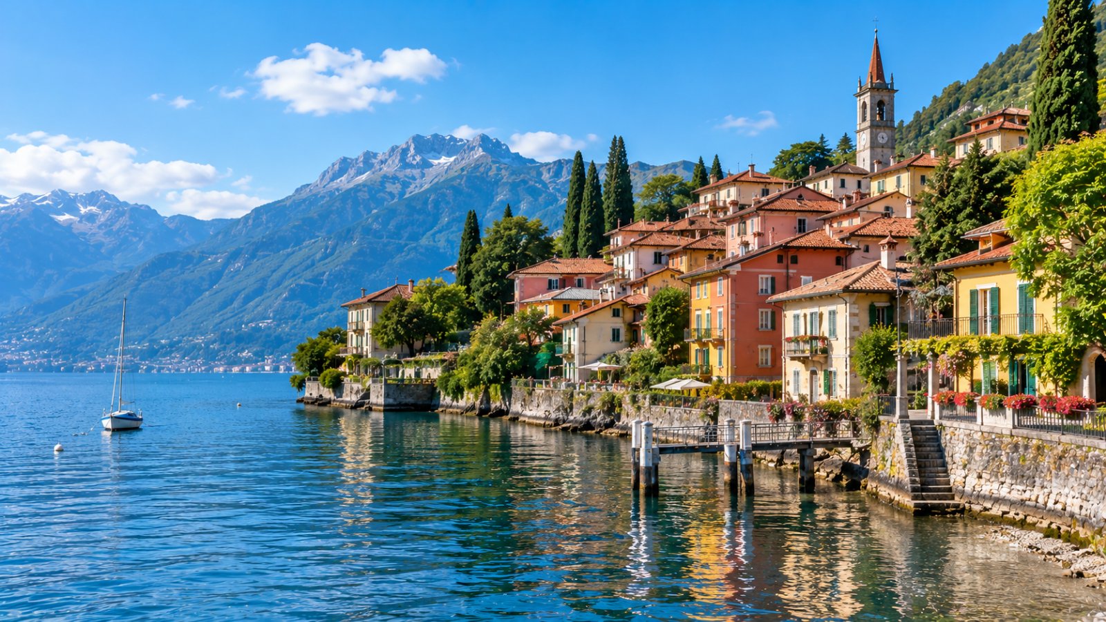 Un piccolo borgo di case colorate affacciate sull'acqua con un pontile e montagne alle spalle