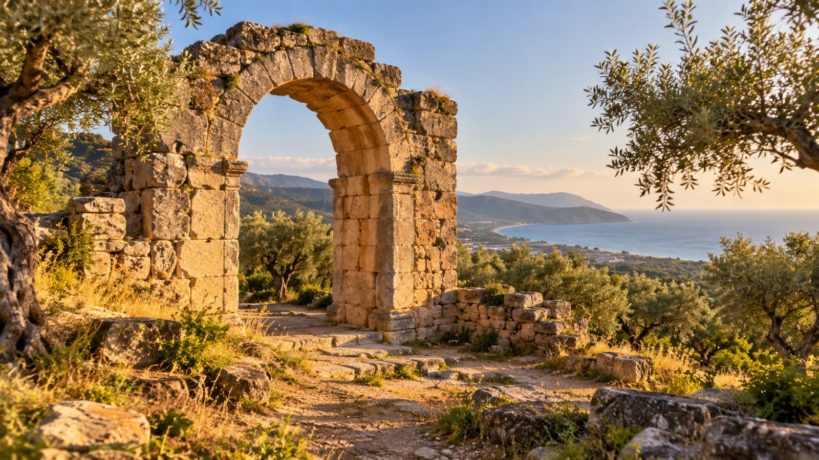 Porta Rosa, l'arco greco in pietra dell'antica Elea-Velia, tra la vegetazione mediterranea