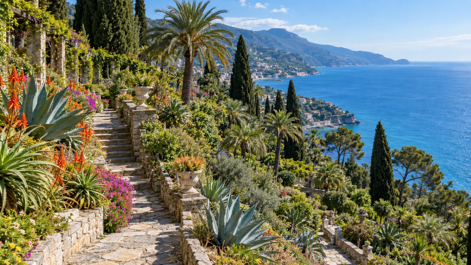 I Giardini Botanici Hanbury alla Mortola con viali di piante esotiche che scendono verso il mare azzurro