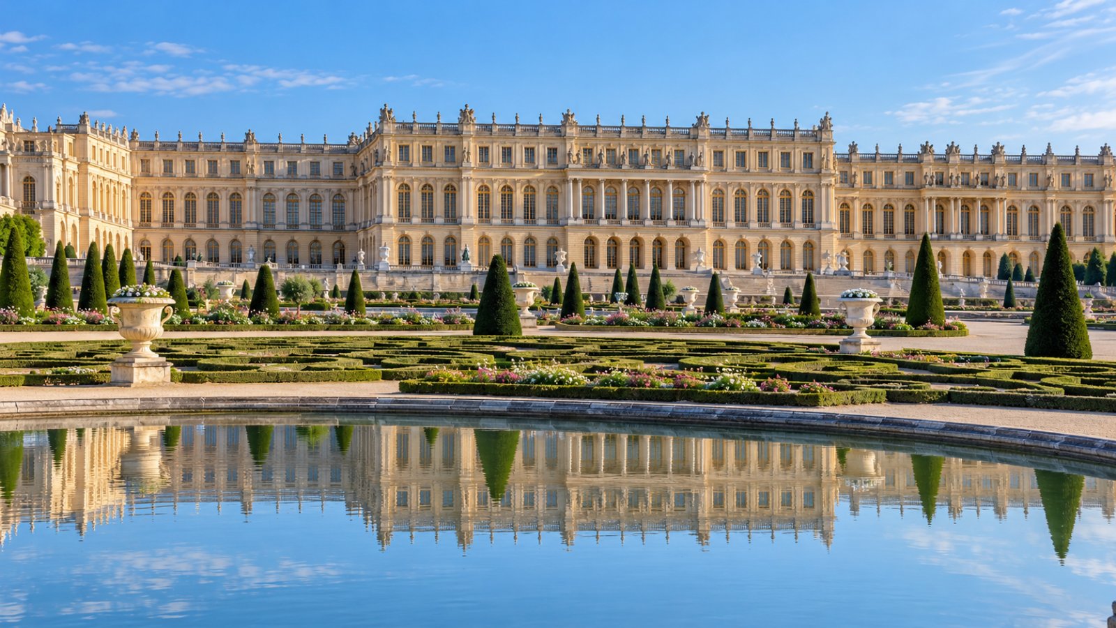 La facciata della Reggia di Versailles vista dai giardini alla francese, con le aiuole geometriche e la vasca d'acqua che riflette il cielo