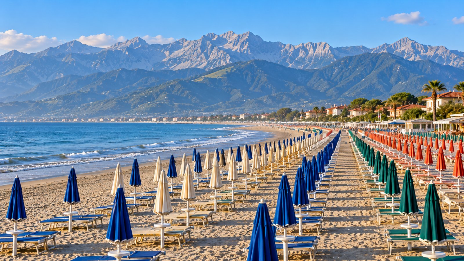 La spiaggia della Versilia con gli ombrelloni chiusi in file colorate e le Alpi Apuane sullo sfondo nella luce del mattino
