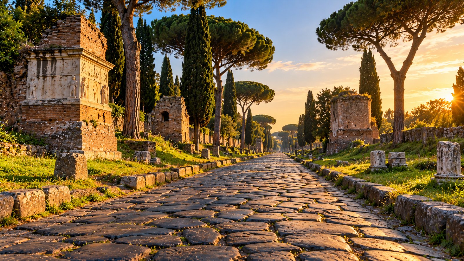 Un tratto della Via Appia Antica con l'antico basolato romano in pietra, fiancheggiato da pini marittimi, cipressi e resti di tombe in mattoni nella luce dorata del pomeriggio