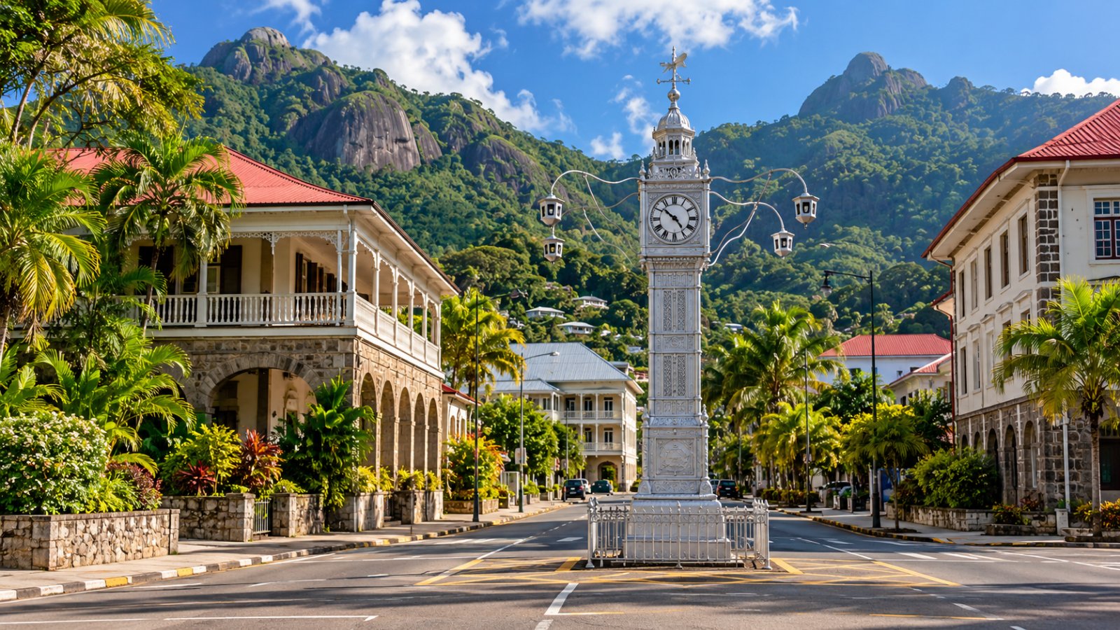 Victoria, la piccola capitale delle Seychelles, con la torre dell'orologio argentata in un incrocio con edifici coloniali e le montagne verdi di Mahé sullo sfondo