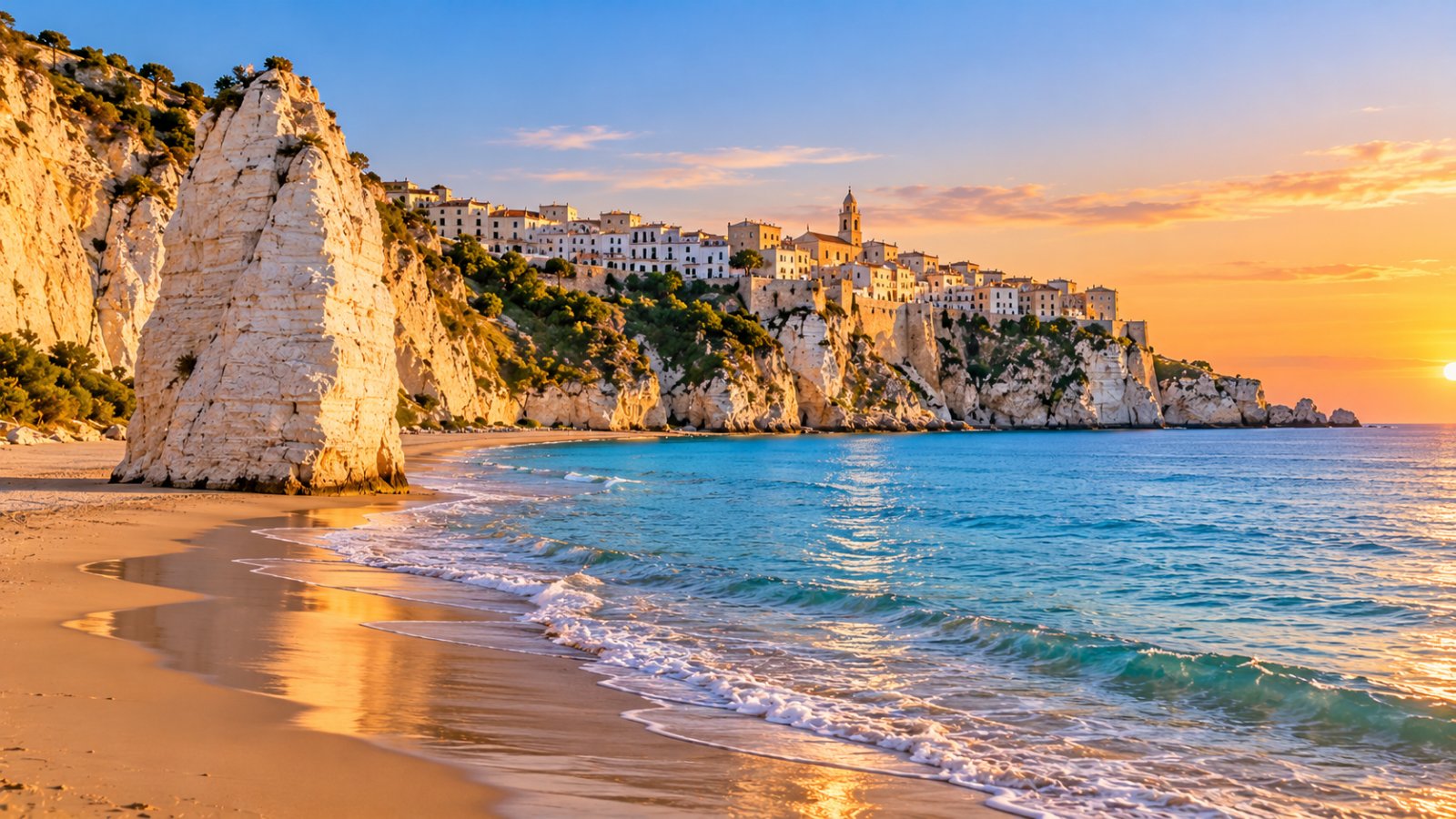 Il monolite bianco del Pizzomunno sulla spiaggia di Vieste, con il borgo antico sul promontorio alle spalle e il mare azzurro all'alba