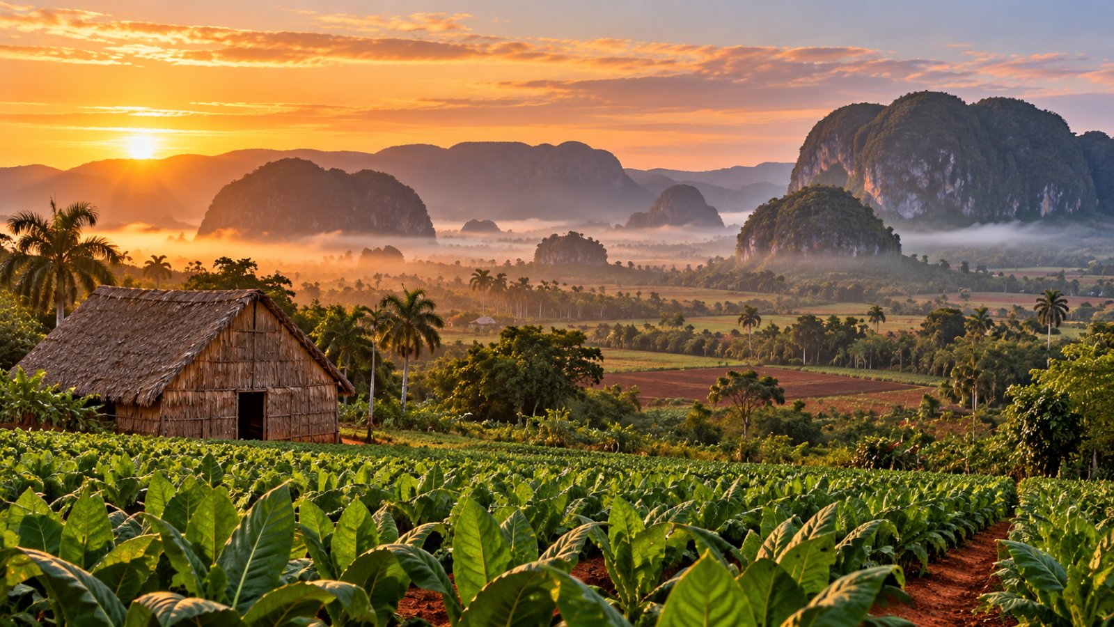 La valle di Viñales all'alba, con un campo di tabacco, una casa per essiccare le foglie con il tetto di paglia e i mogotes nella foschia