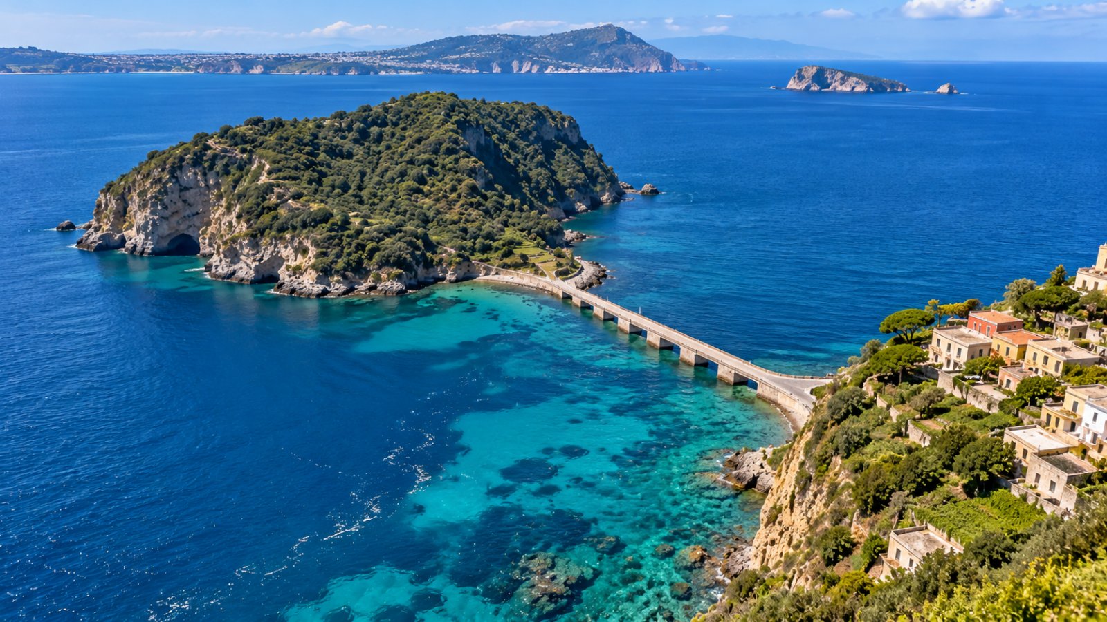 L'isolotto verde di Vivara collegato a Procida da un ponte, con la macchia mediterranea e il mare turchese
