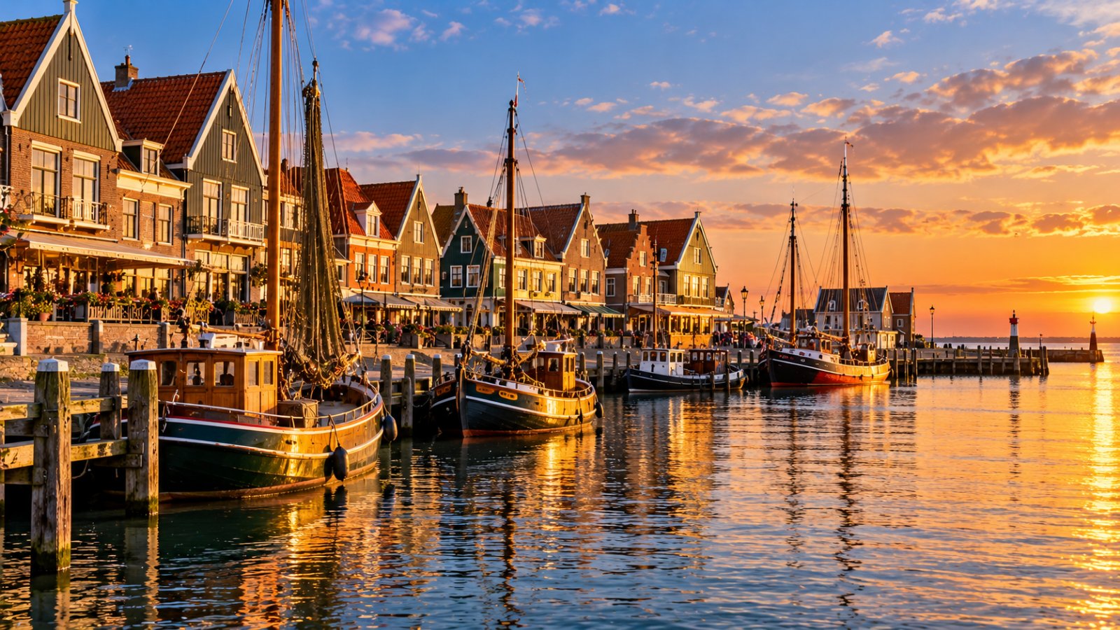Il porticciolo di Volendam con le barche da pesca ormeggiate e le case di mattoni affacciate sulla diga