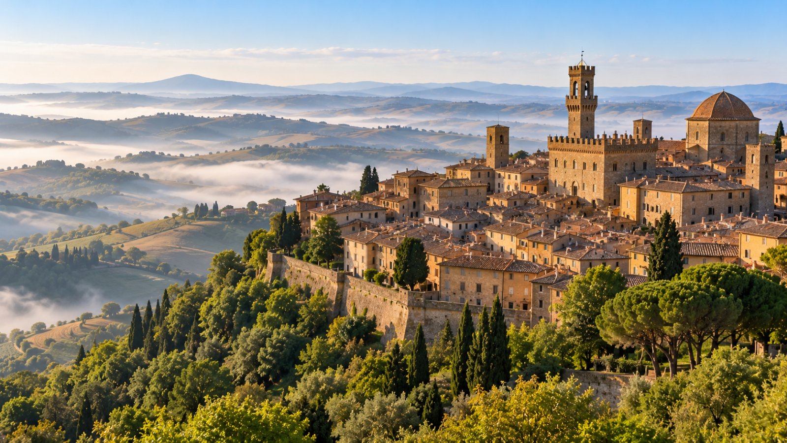 Il centro medievale di Volterra in cima alla collina con il palazzo dei Priori e le colline toscane intorno avvolte dalla foschia del mattino