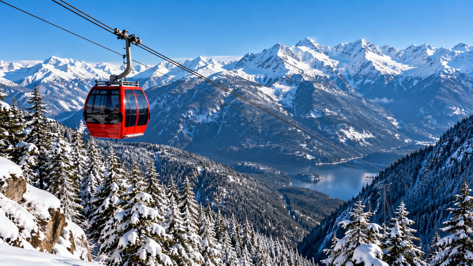Una cabina rossa di una cabinovia sospesa sopra una valle coperta di boschi di conifere innevati, con le cime delle Coast Mountains sullo sfondo in una giornata limpida d'inverno