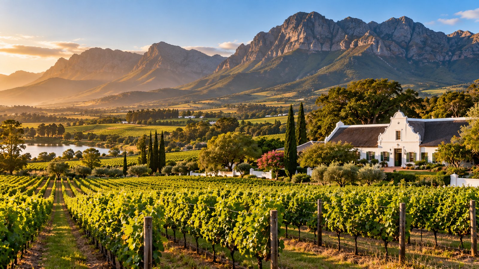 Filari di vigne in una valle delle Winelands, con una fattoria bianca in stile olandese del Capo e montagne rocciose sullo sfondo