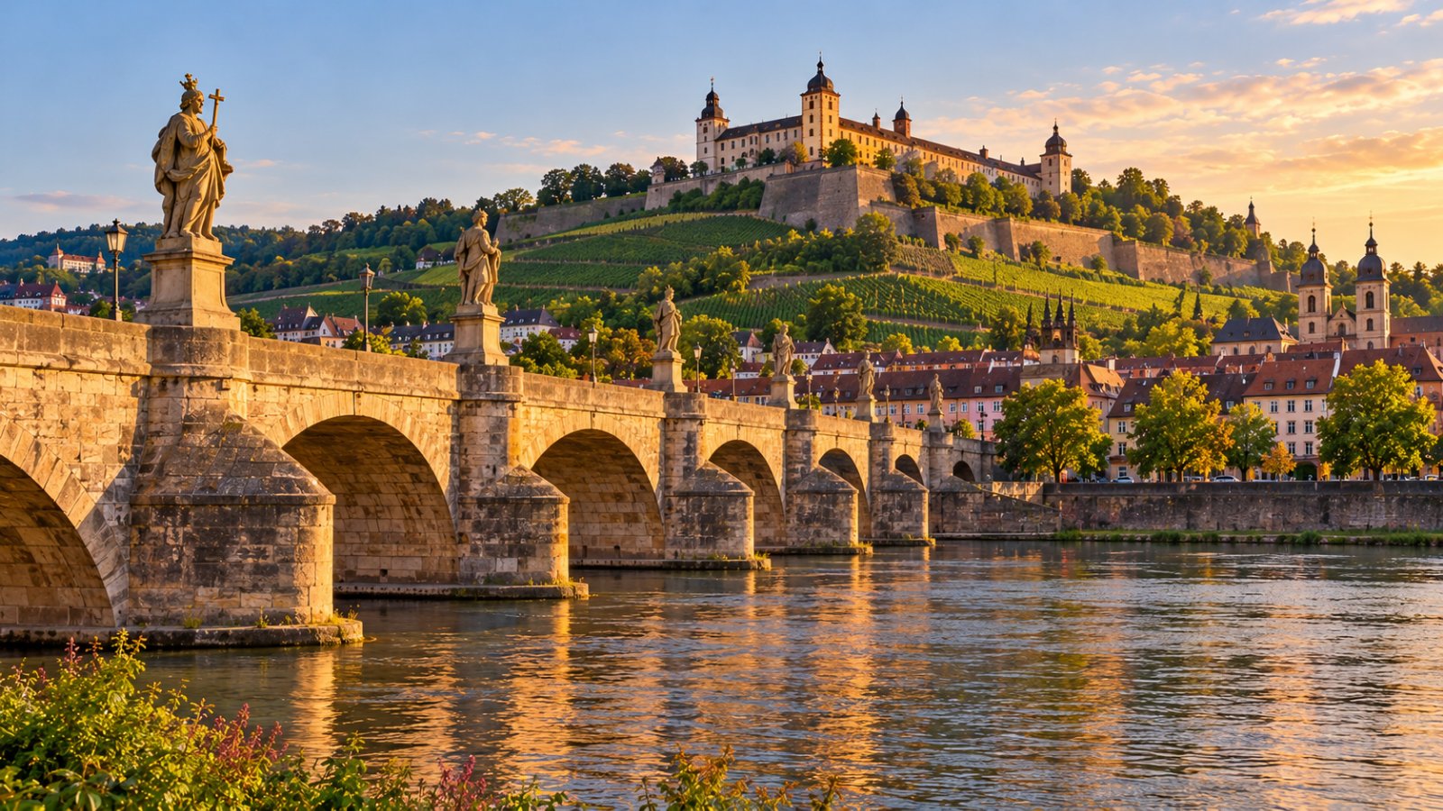 Il ponte vecchio in pietra sul fiume Meno con le statue di santi, la fortezza di Marienberg sulla collina e i vigneti illuminati dal sole del tardo pomeriggio