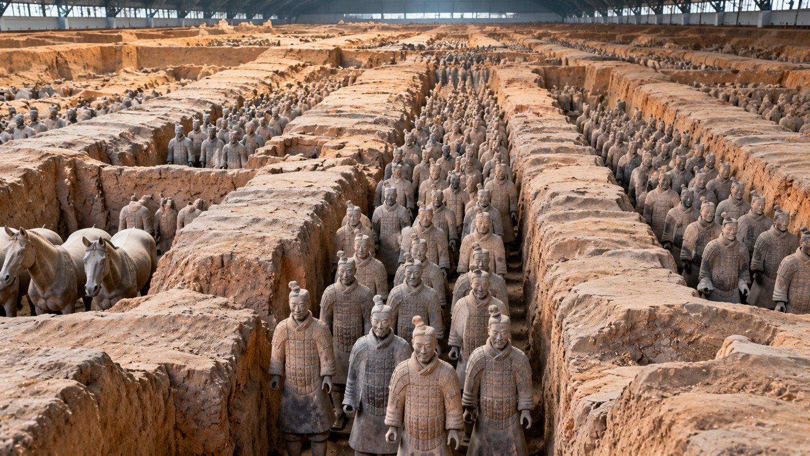 Le file dei guerrieri di terracotta allineati nella grande fossa di scavo vicino a Xi'an