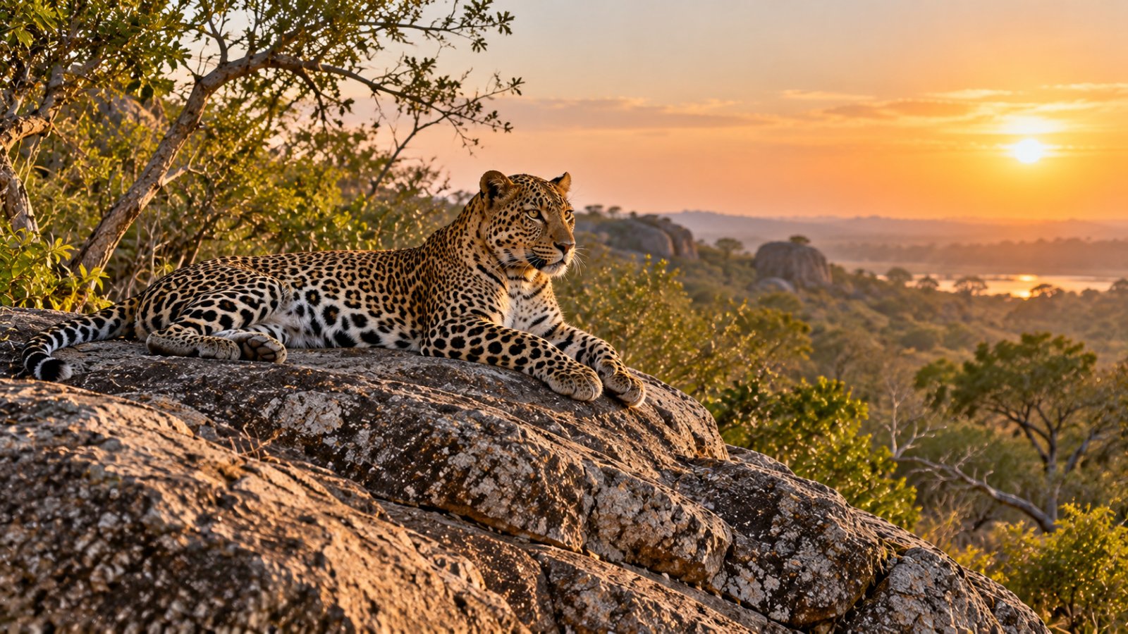 Un leopardo disteso su una roccia granitica nella boscaglia secca del parco di Yala, alla luce dorata del primo mattino