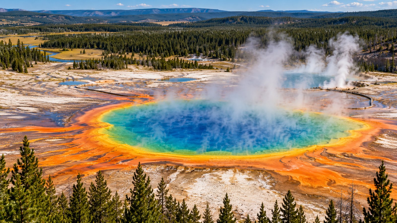 La Grand Prismatic Spring di Yellowstone vista dall'alto, con gli anelli arancioni, gialli e blu e il vapore che sale
