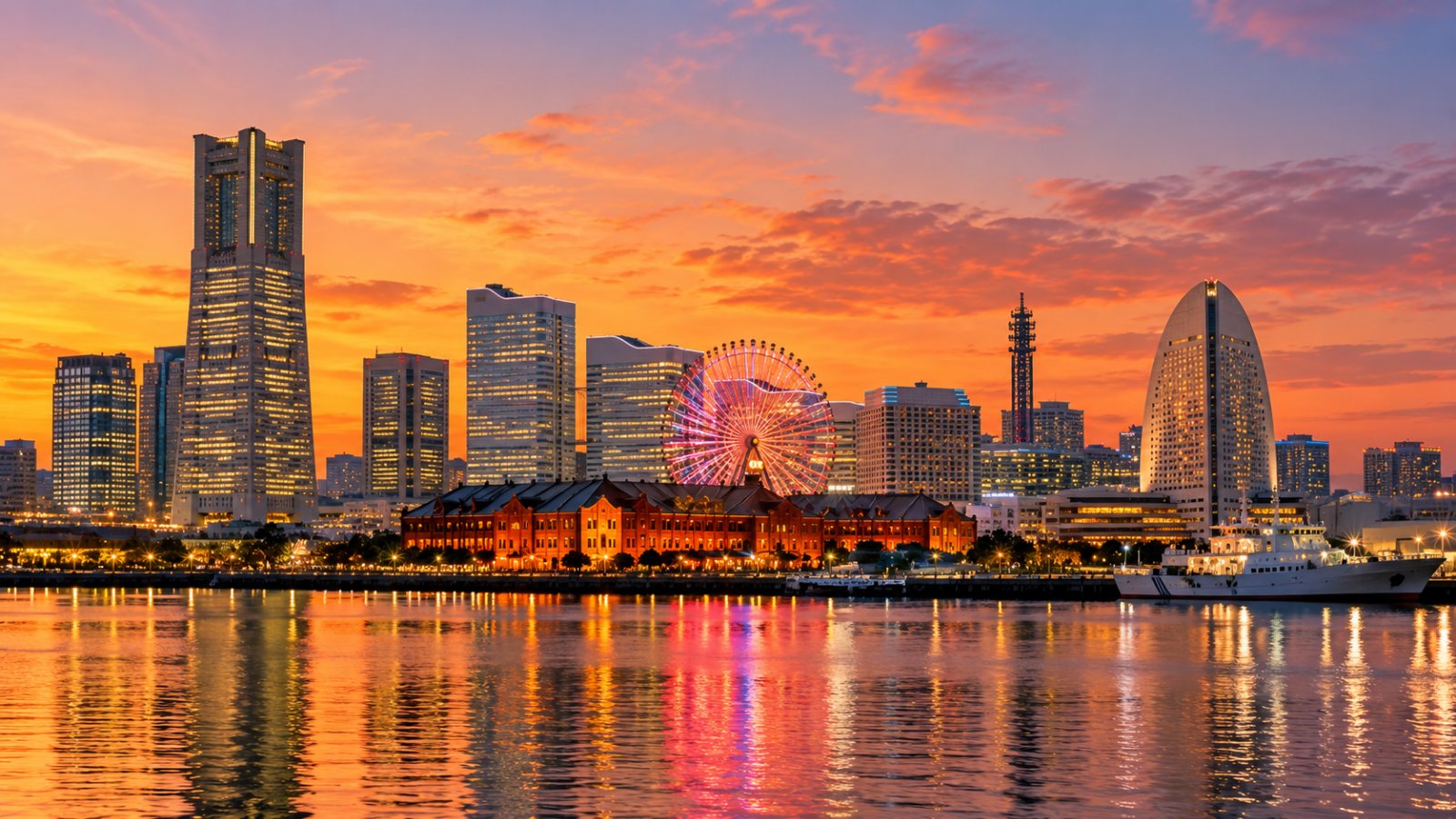 Lo skyline di Minato Mirai a Yokohama al tramonto, con i grattacieli e la ruota panoramica riflessi nell'acqua del porto