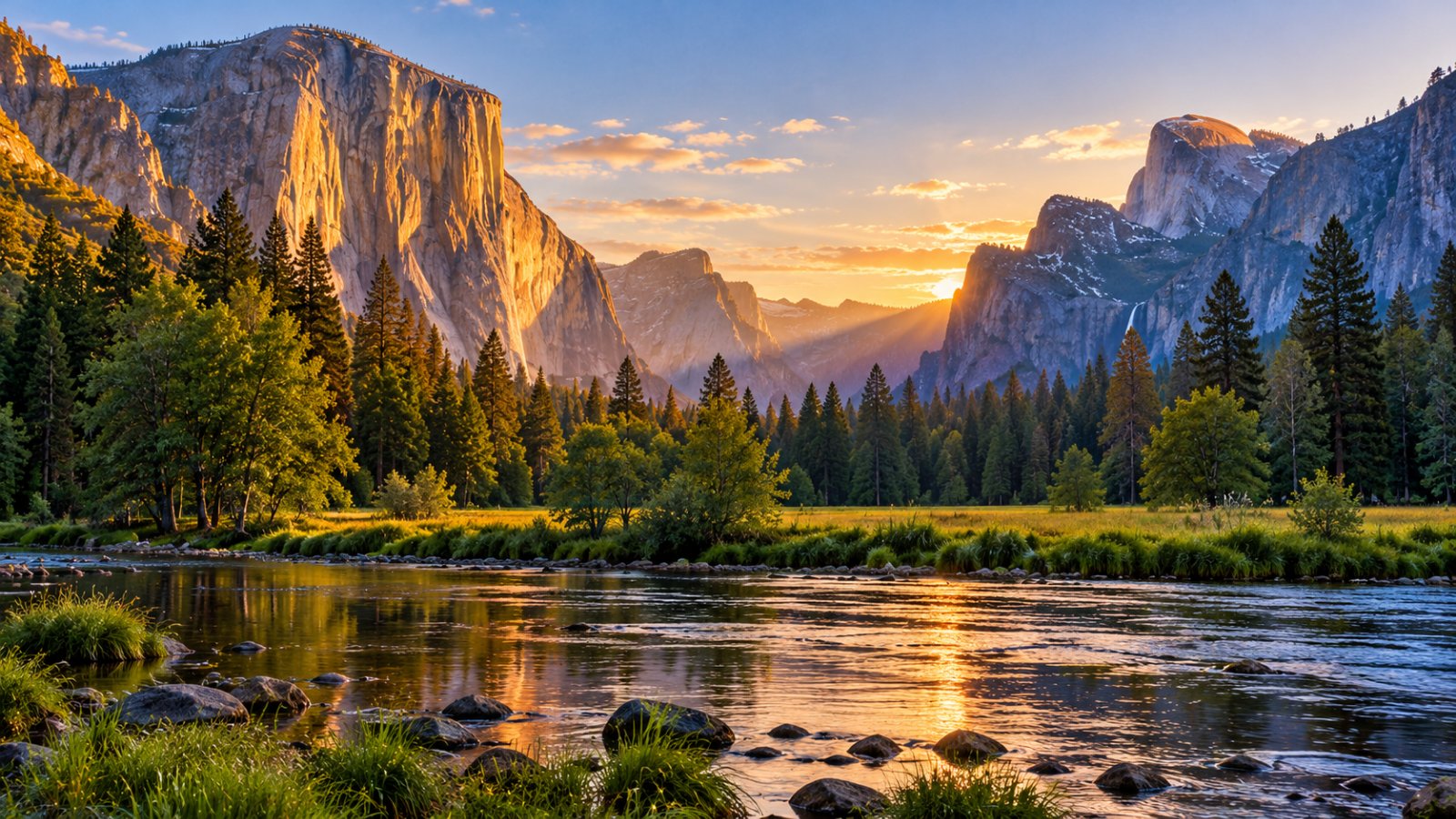 La Yosemite Valley all'alba con El Capitan e Half Dome, il fiume Merced e i prati in primo piano