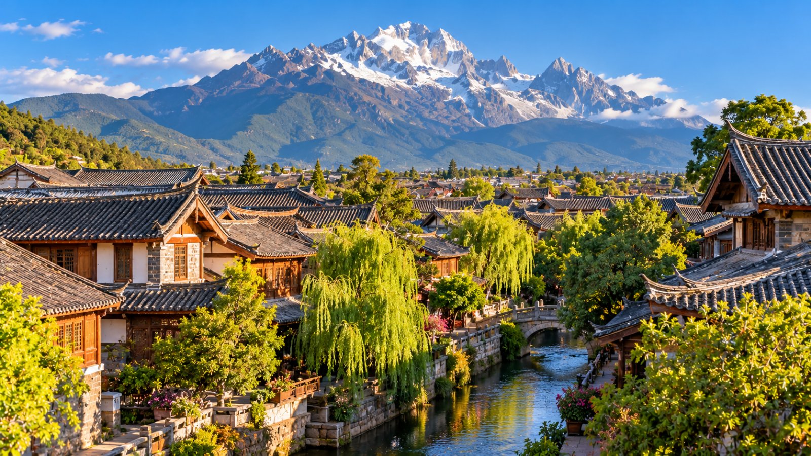 I tetti della città vecchia di Lijiang con canali e salici, sotto la Montagna del Drago di Giada innevata