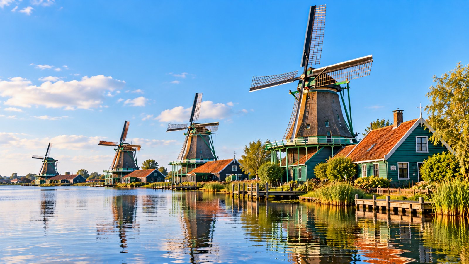 I mulini a vento della Zaanse Schans allineati lungo il fiume Zaan, con le case di legno verdi e il cielo limpido riflesso nell'acqua