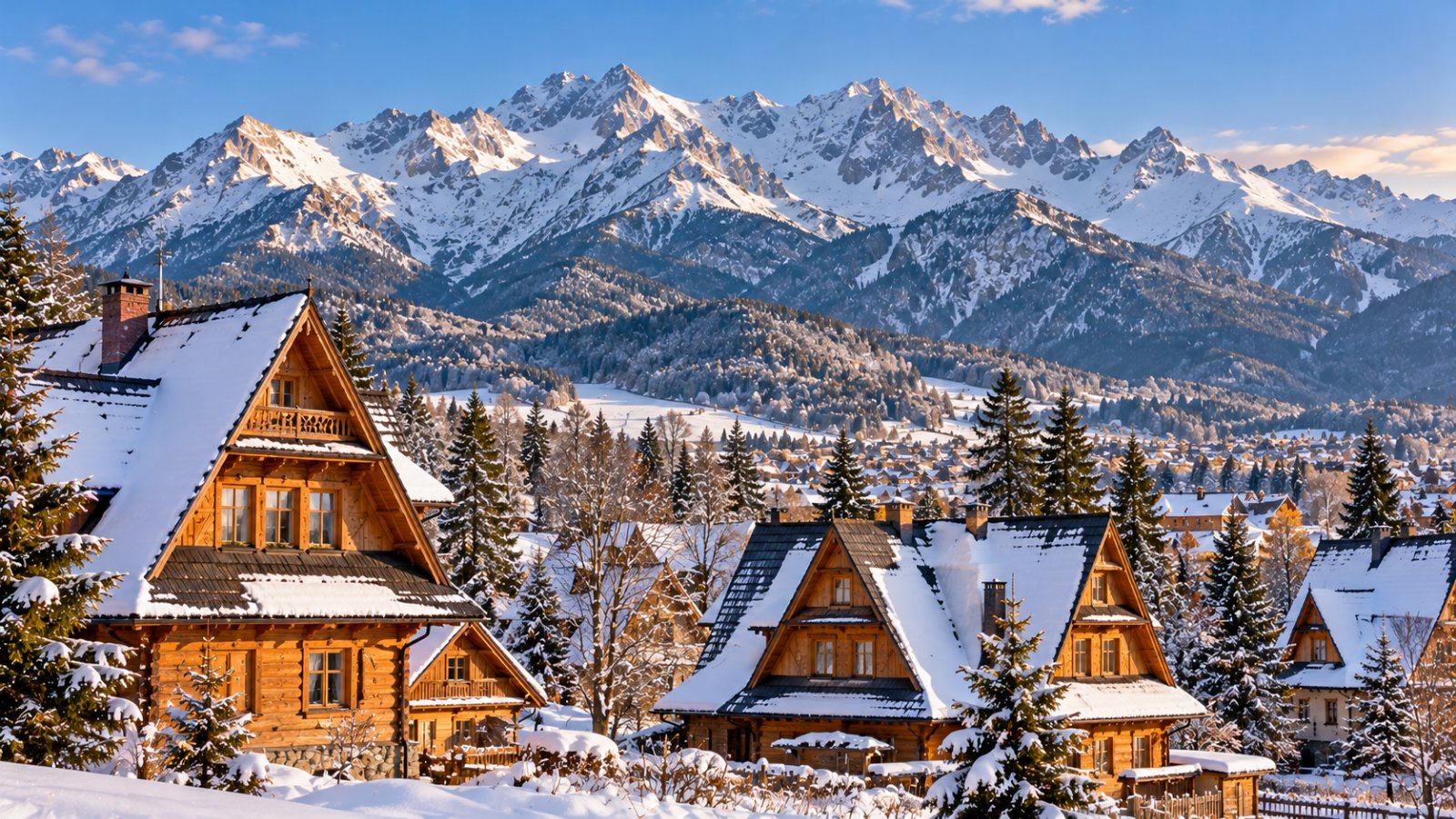 Case in legno in stile tradizionale di montagna con tetti spioventi, sotto le cime rocciose dei Tatra innevate