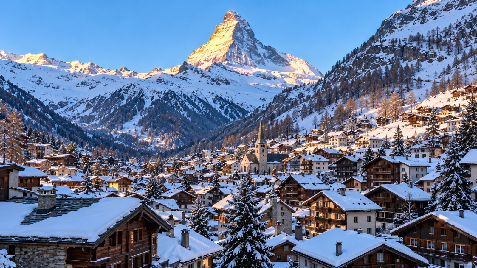 Il villaggio di Zermatt con i tetti degli chalet in legno e il Cervino innevato che domina la valle in una mattina limpida