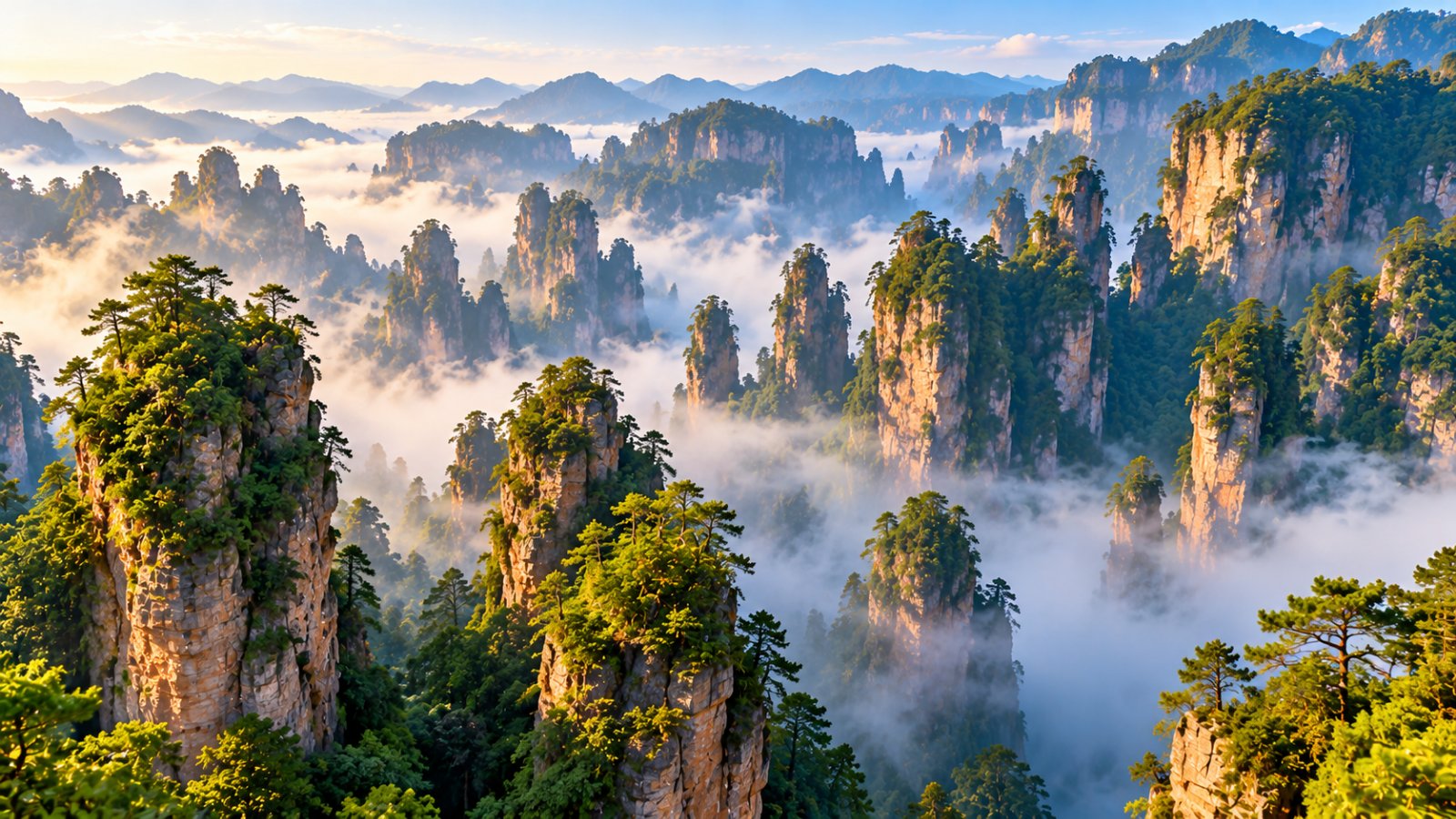 Pilastri di arenaria ricoperti di pini che emergono dalla nebbia nel parco di Wulingyuan a Zhangjiajie