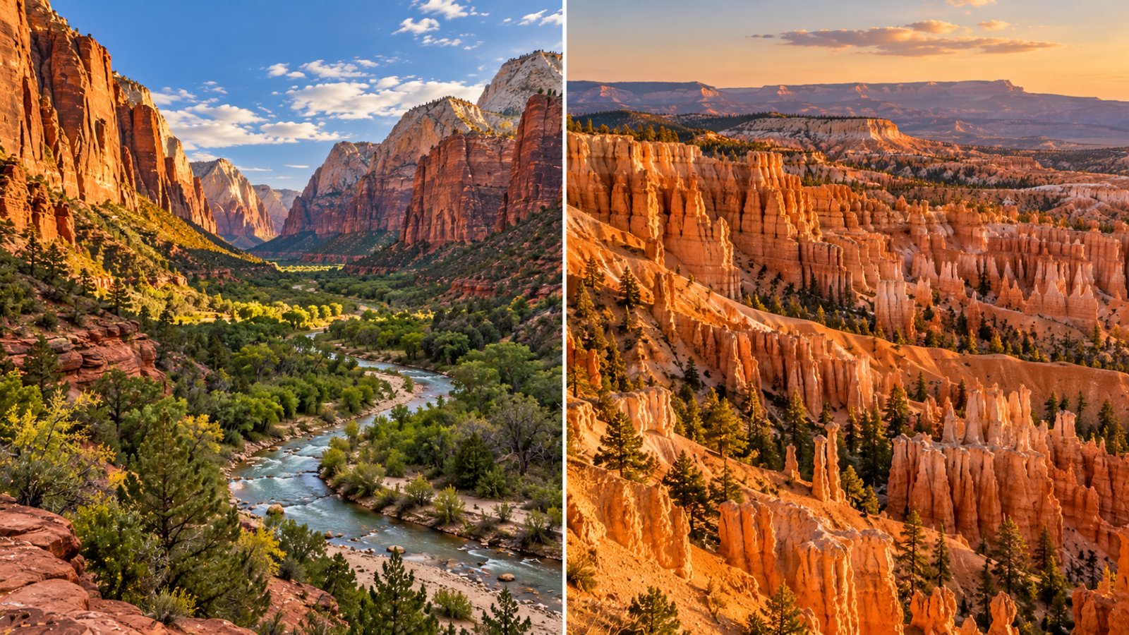 Immagine divisa a metà: a sinistra le pareti rosse del canyon di Zion con il fiume Virgin, a destra gli hoodoos arancioni del Bryce Canyon