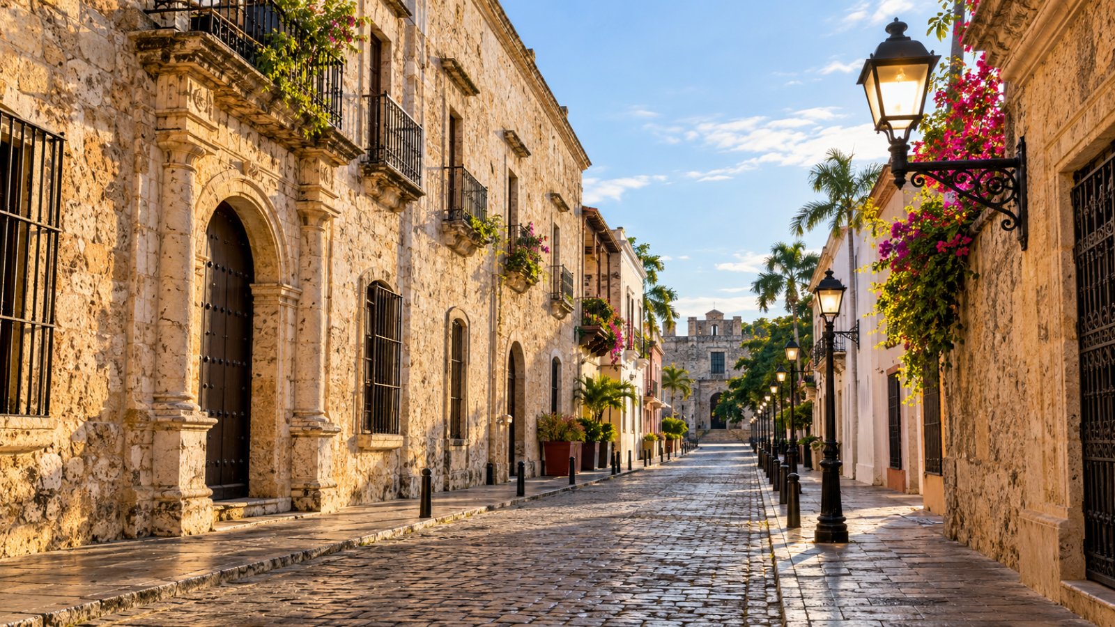 Calle de las Damas nella Zona Colonial di Santo Domingo, con le facciate in pietra coloniali e la luce del mattino