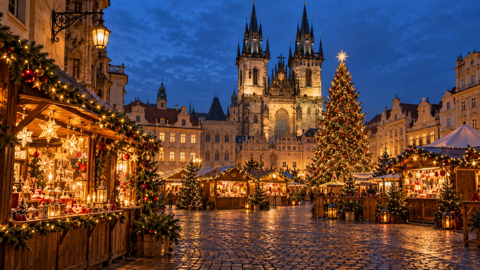 Bancarelle di legno illuminate di un mercatino di Natale in una piazza storica europea al crepuscolo, con un grande albero decorato e una cattedrale gotica sullo sfondo