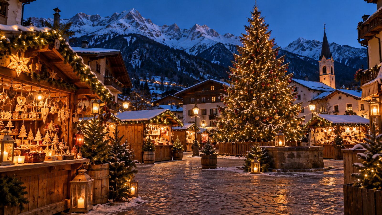 Casette di legno illuminate di un mercatino di Natale in una piazza di montagna al crepuscolo, con un grande albero decorato e cime innevate sullo sfondo