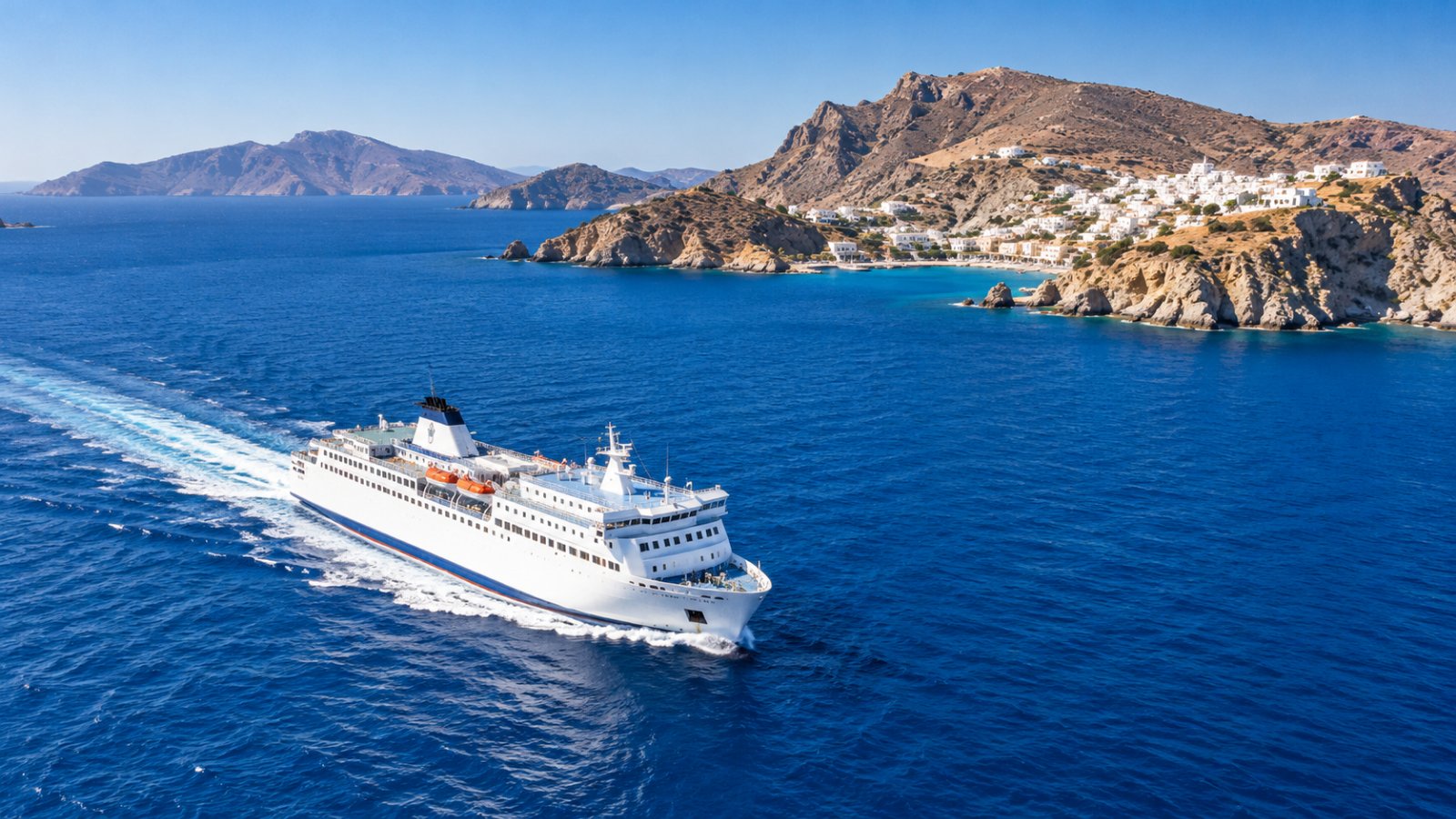 Traghetto bianco in navigazione sul mare blu dell'Egeo con un'isola rocciosa e un villaggio bianco sullo sfondo