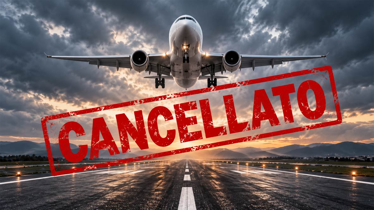 Aereo in decollo con la scritta Cancellato: cosa fare se si annulla una vacanza